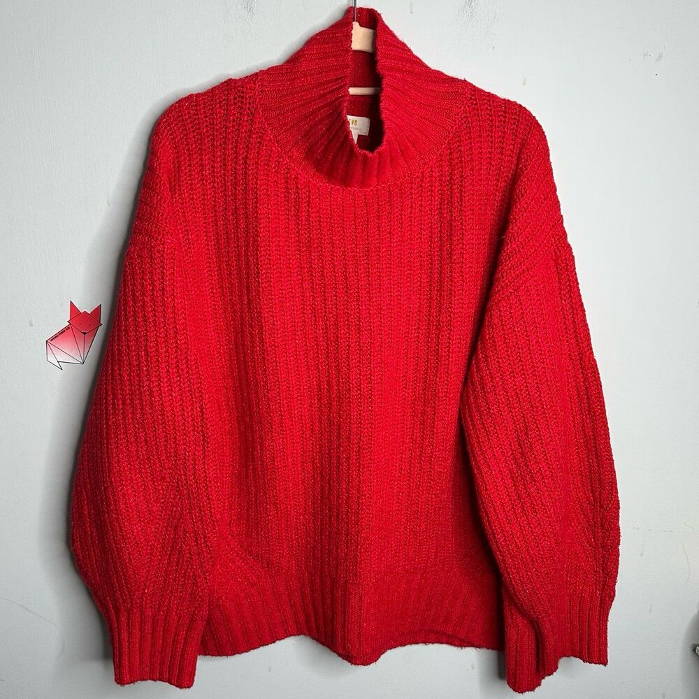 Anthropologie Maeve Chunky Knit Cotton Blend Red Turtleneck Sweater Size Large